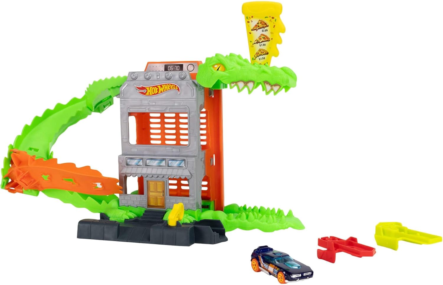 Hot Wheels Spielzeugauto-Trackset, Kroko-Pizza-Attacke Spielset mit Fahrzeug im Maßstab 1:64, die Strecke entlangrasen, um das Krokodil zu besiegen und Nicht als Seine Mahlzeit zu Enden, JHL93