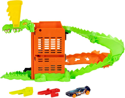 Hot Wheels Spielzeugauto-Trackset, Kroko-Pizza-Attacke Spielset mit Fahrzeug im Maßstab 1:64, die Strecke entlangrasen, um das Krokodil zu besiegen und Nicht als Seine Mahlzeit zu Enden, JHL93