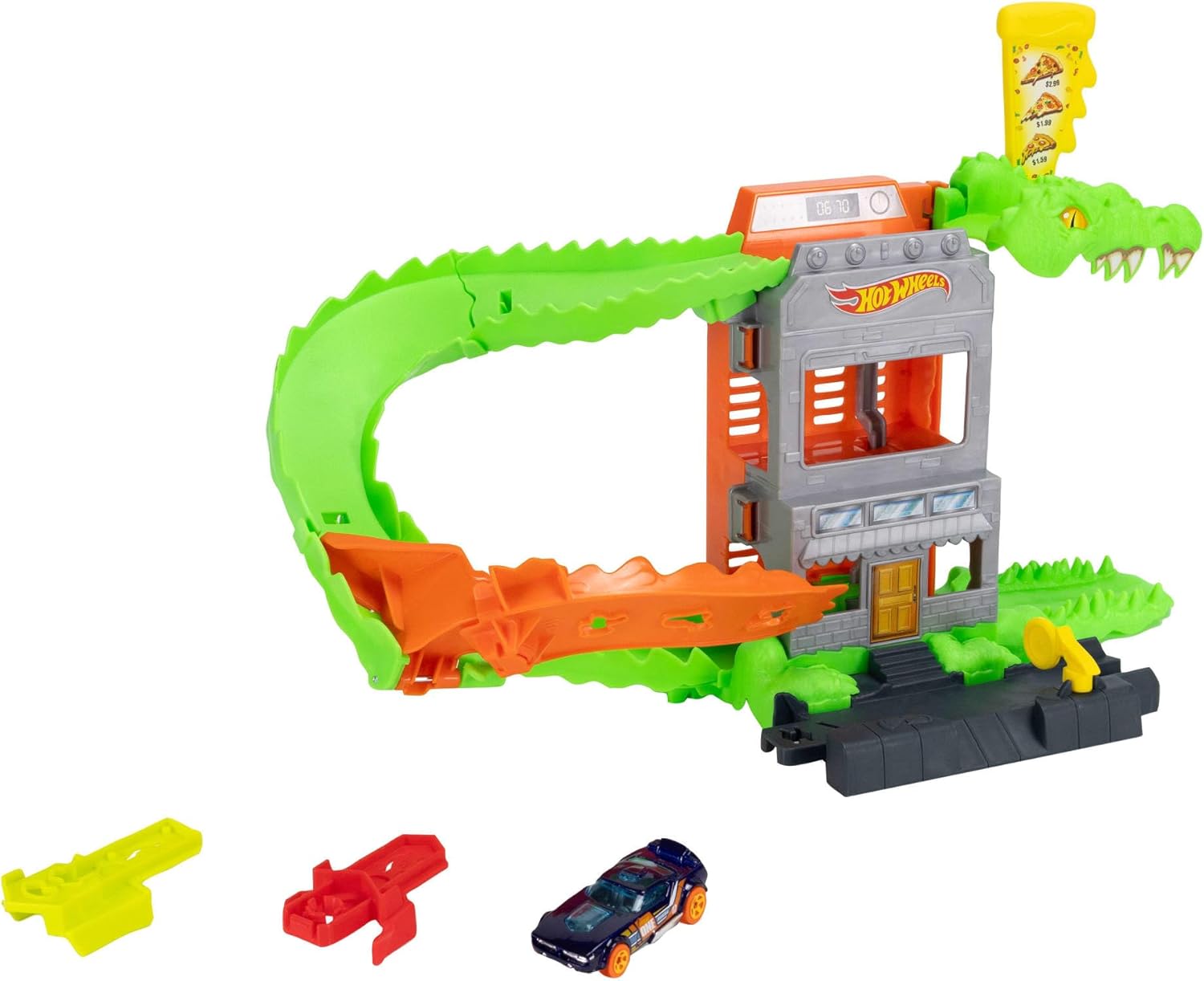 Hot Wheels Spielzeugauto-Trackset, Kroko-Pizza-Attacke Spielset mit Fahrzeug im Maßstab 1:64, die Strecke entlangrasen, um das Krokodil zu besiegen und Nicht als Seine Mahlzeit zu Enden, JHL93