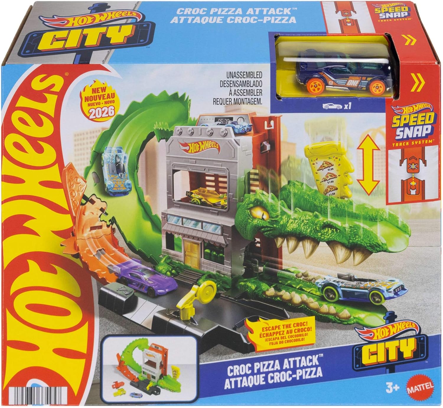 Hot Wheels Spielzeugauto-Trackset, Kroko-Pizza-Attacke Spielset mit Fahrzeug im Maßstab 1:64, die Strecke entlangrasen, um das Krokodil zu besiegen und Nicht als Seine Mahlzeit zu Enden, JHL93