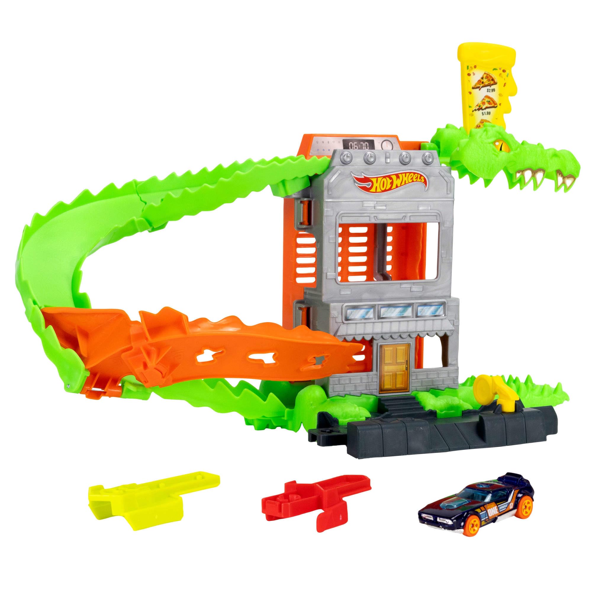 Hot Wheels Spielzeugauto-Trackset, Kroko-Pizza-Attacke Spielset mit Fahrzeug im Maßstab 1:64, die Strecke entlangrasen, um das Krokodil zu besiegen und Nicht als Seine Mahlzeit zu Enden, JHL93