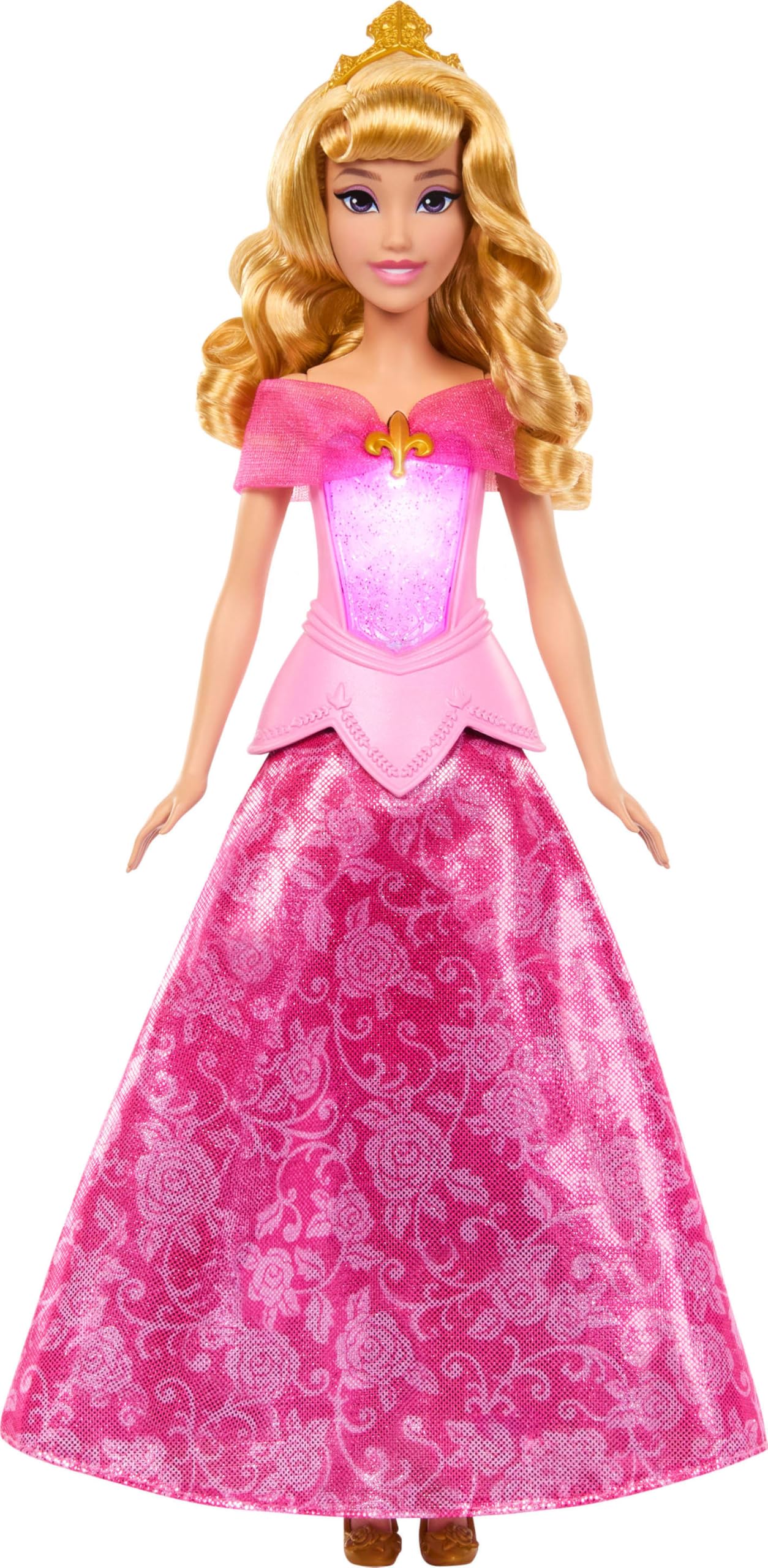 Mattel Disney Princess Aurora-Modepuppe mit leuchtendem Oberteil und Kleid mit Farbwechsel von rosa zu blau, vom Film Dornröschen inspiriert, JLK24