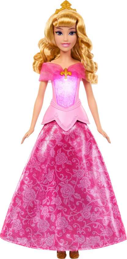 Mattel Disney Princess Aurora-Modepuppe mit leuchtendem Oberteil und Kleid mit Farbwechsel von rosa zu blau, vom Film Dornröschen inspiriert, JLK24