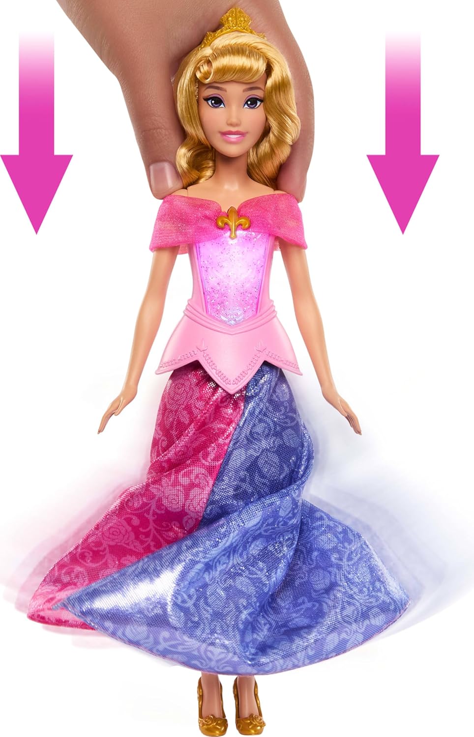Mattel Disney Princess Aurora-Modepuppe mit leuchtendem Oberteil und Kleid mit Farbwechsel von rosa zu blau, vom Film Dornröschen inspiriert, JLK24