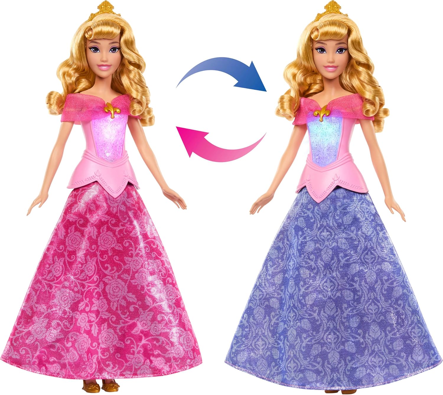 Mattel Disney Princess Aurora-Modepuppe mit leuchtendem Oberteil und Kleid mit Farbwechsel von rosa zu blau, vom Film Dornröschen inspiriert, JLK24