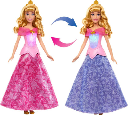 Mattel Disney Princess Aurora-Modepuppe mit leuchtendem Oberteil und Kleid mit Farbwechsel von rosa zu blau, vom Film Dornröschen inspiriert, JLK24