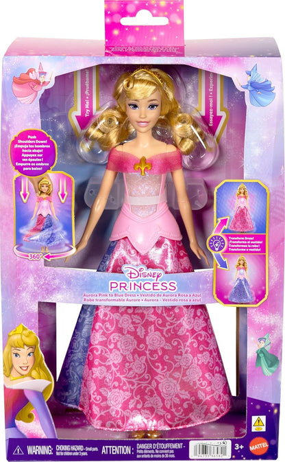 Mattel Disney Princess Aurora-Modepuppe mit leuchtendem Oberteil und Kleid mit Farbwechsel von rosa zu blau, vom Film Dornröschen inspiriert, JLK24