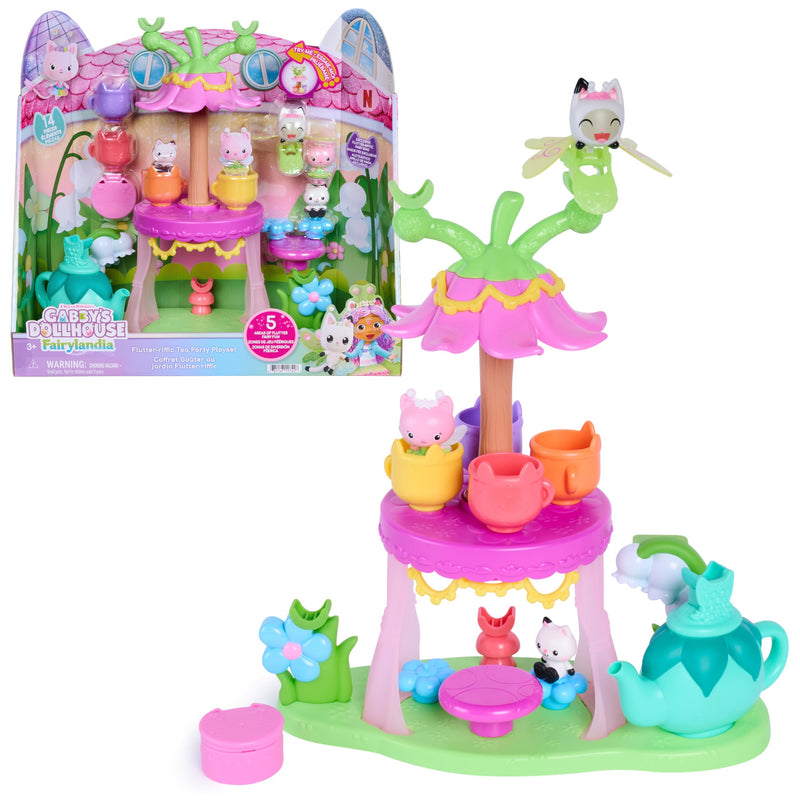 DreamWorks Gabby's Dollhouse Fairylandia Flutter-riffic Tea Party Playset, 14-Piece Set with 5 Areas of Flutter Fairy Fun, Pretend Play Toys for Kids with Doll House Accessories for Ages 3+