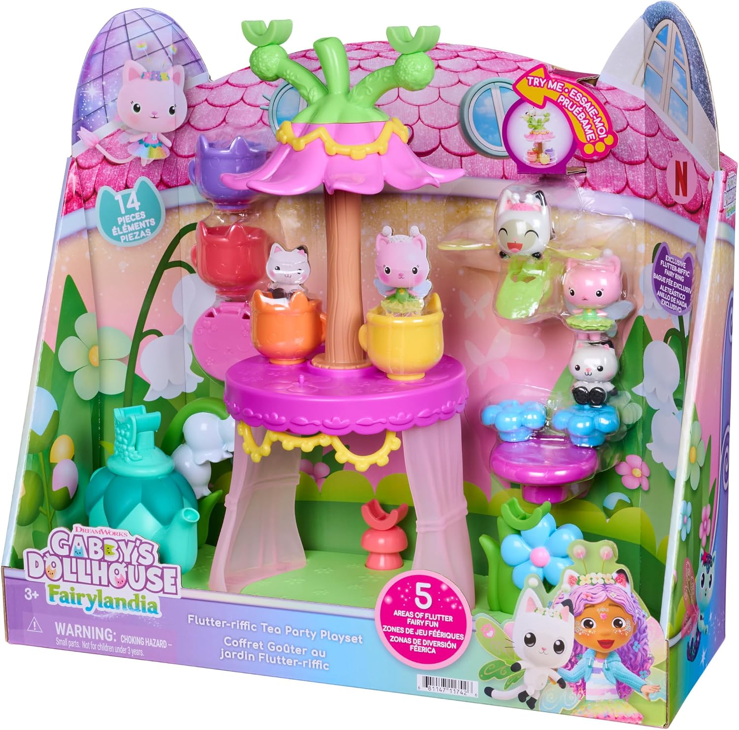 DreamWorks Gabby's Dollhouse Fairylandia Flutter-riffic Tea Party Playset, 14-Piece Set with 5 Areas of Flutter Fairy Fun, Pretend Play Toys for Kids with Doll House Accessories for Ages 3+