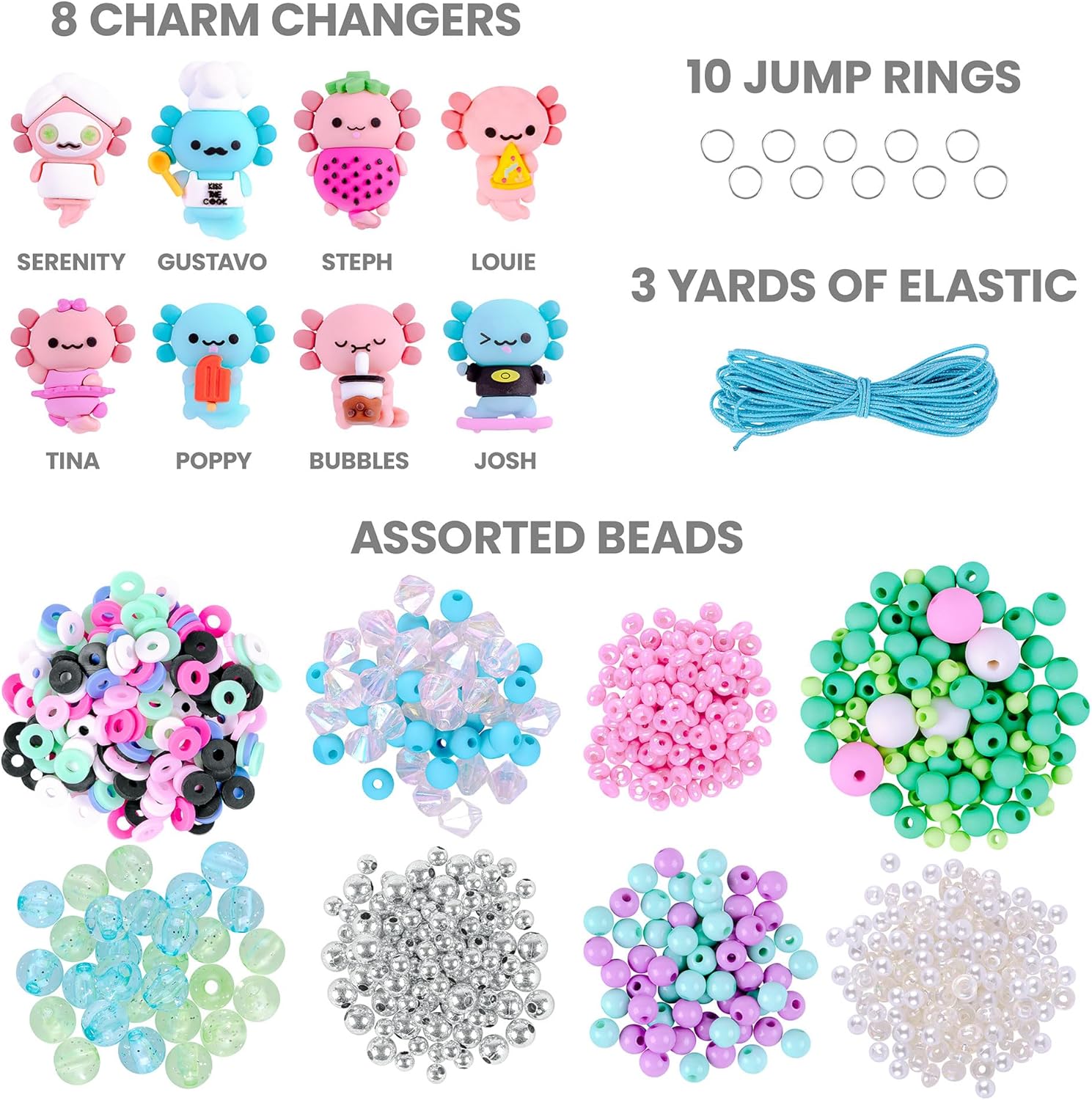 Fashion Angels Kit gioielli Basic Fun Charm Changers Axolotl League per bambine 6+ – Set fai da te con collane, bracciali, charm axolotl e perline colorate