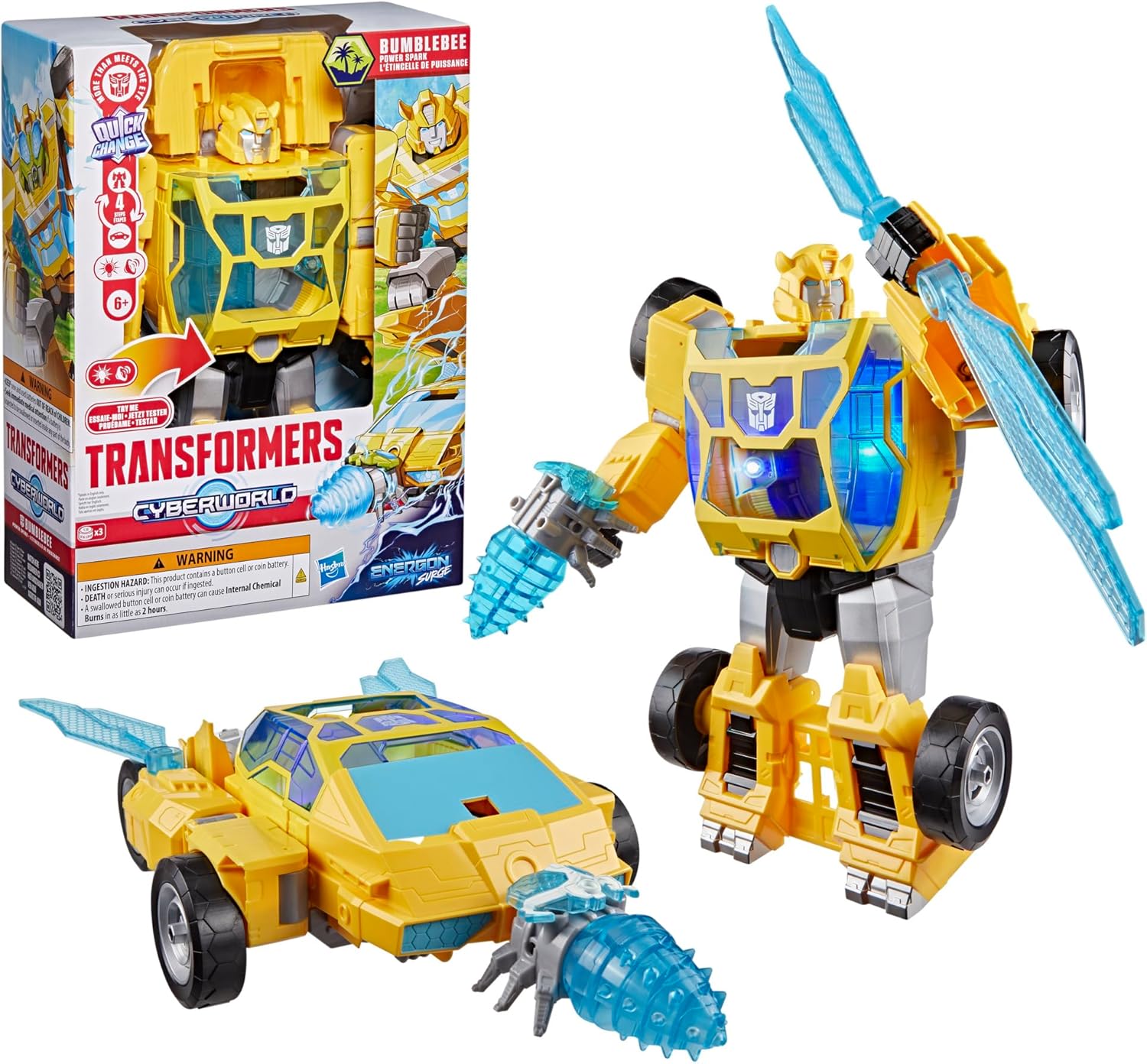 Transformers CYBERWORLD Bumblebee Power Spark, Energon Surge | 28 cm Action Figure with Lights and Sounds | Quick Change from Robot to Vehicle | 6+
