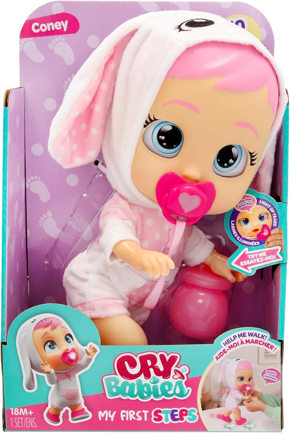 CRY Babies Coney Interaktive Puppe Hilf Coney bei ihren ersten Schritten – sie gibt über 10 Laute und Reaktionen von Sich und kann leuchtende LED-Tränen weinen. Kinder ab 3 Jahren.