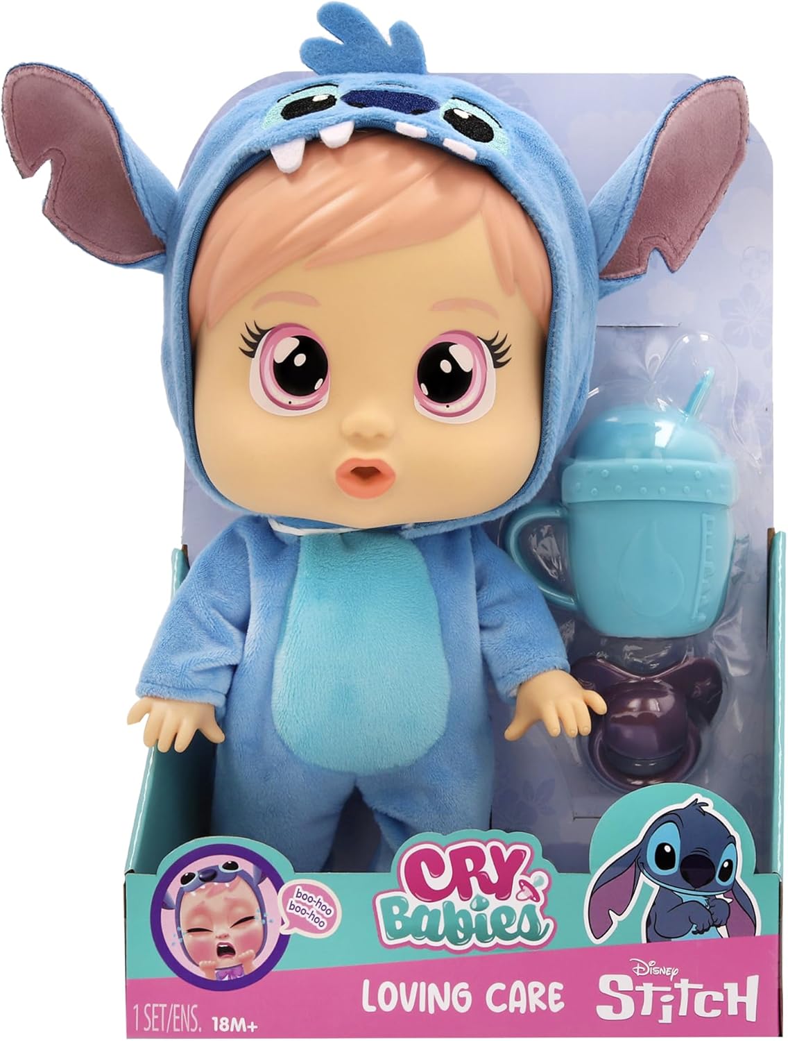 Cry Babies Disney Stitch Baby-Puppe Loving Care inspiriert von Stitch, inklusive 3 Zubehörteilen und weint echte Tränen. Kinder ab 3 Jahren.