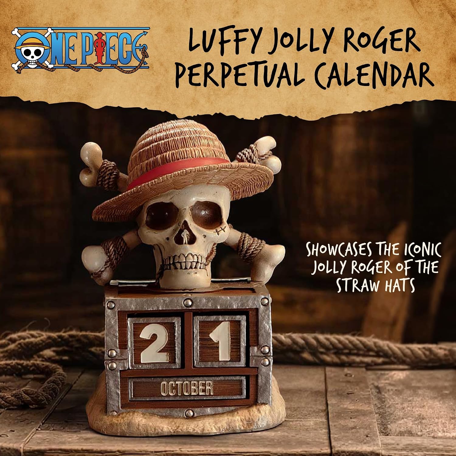 Nemesis Now One Piece Luffy Jolly Roger Perpetual Calendar - Officially Licensed Straw Hat Pirates Treasure Chest Resin Desk Collectible, 15.8cm