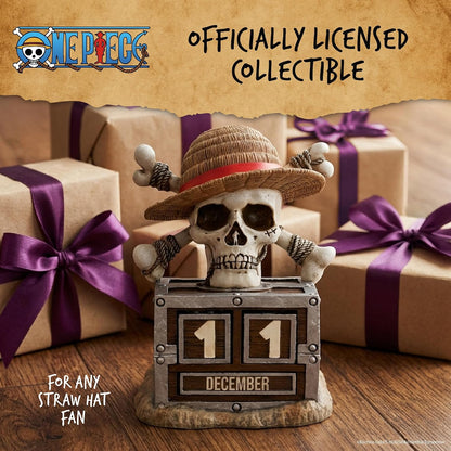 Nemesis Now One Piece Luffy Jolly Roger Perpetual Calendar - Officially Licensed Straw Hat Pirates Treasure Chest Resin Desk Collectible, 15.8cm
