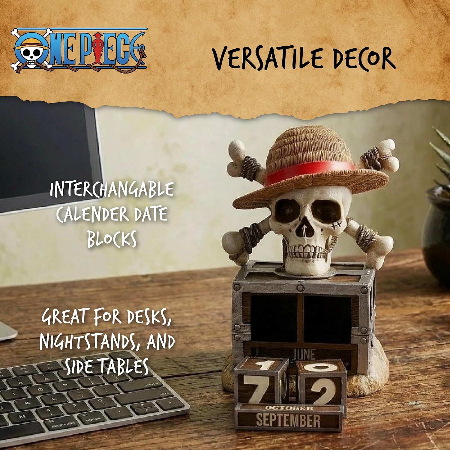 Nemesis Now One Piece Luffy Jolly Roger Perpetual Calendar - Officially Licensed Straw Hat Pirates Treasure Chest Resin Desk Collectible, 15.8cm