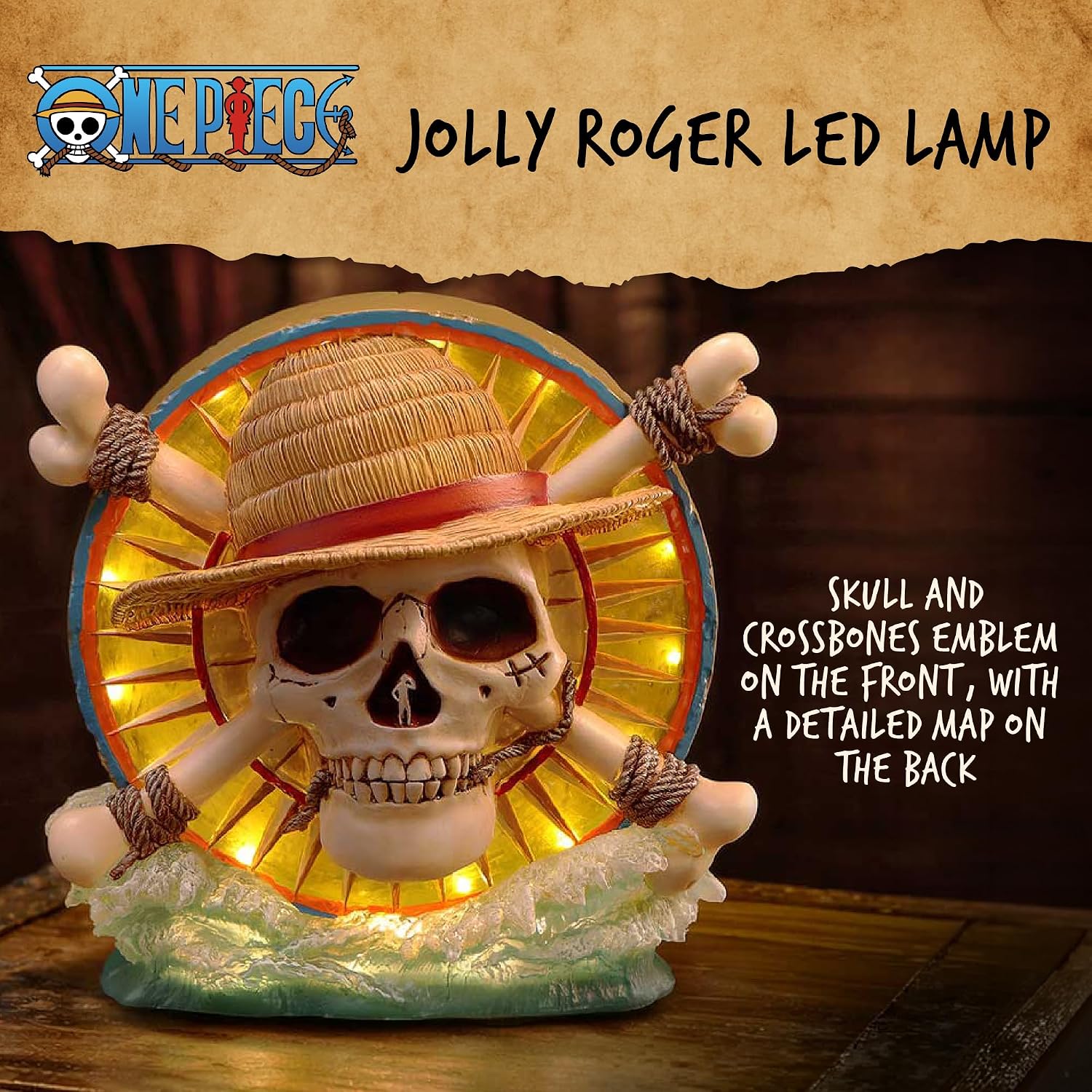 Nemesis Now One Piece Luffy Jolly Roger LED Lamp - Officially Licensed Hand Painted USB-C Straw Hat Pirates Resin Desk Light with Map Reverse, 20.2cm