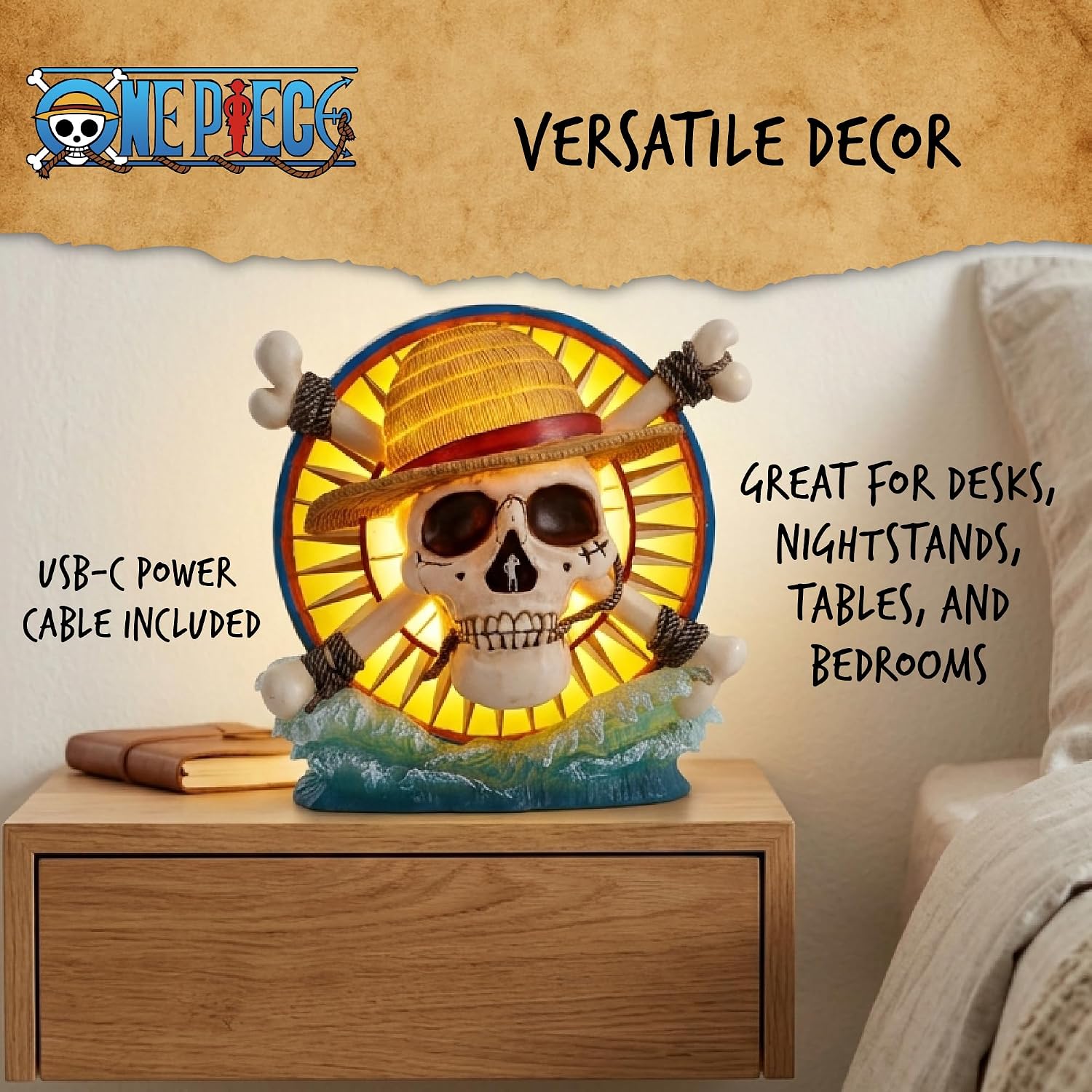Nemesis Now One Piece Luffy Jolly Roger LED Lamp - Officially Licensed Hand Painted USB-C Straw Hat Pirates Resin Desk Light with Map Reverse, 20.2cm