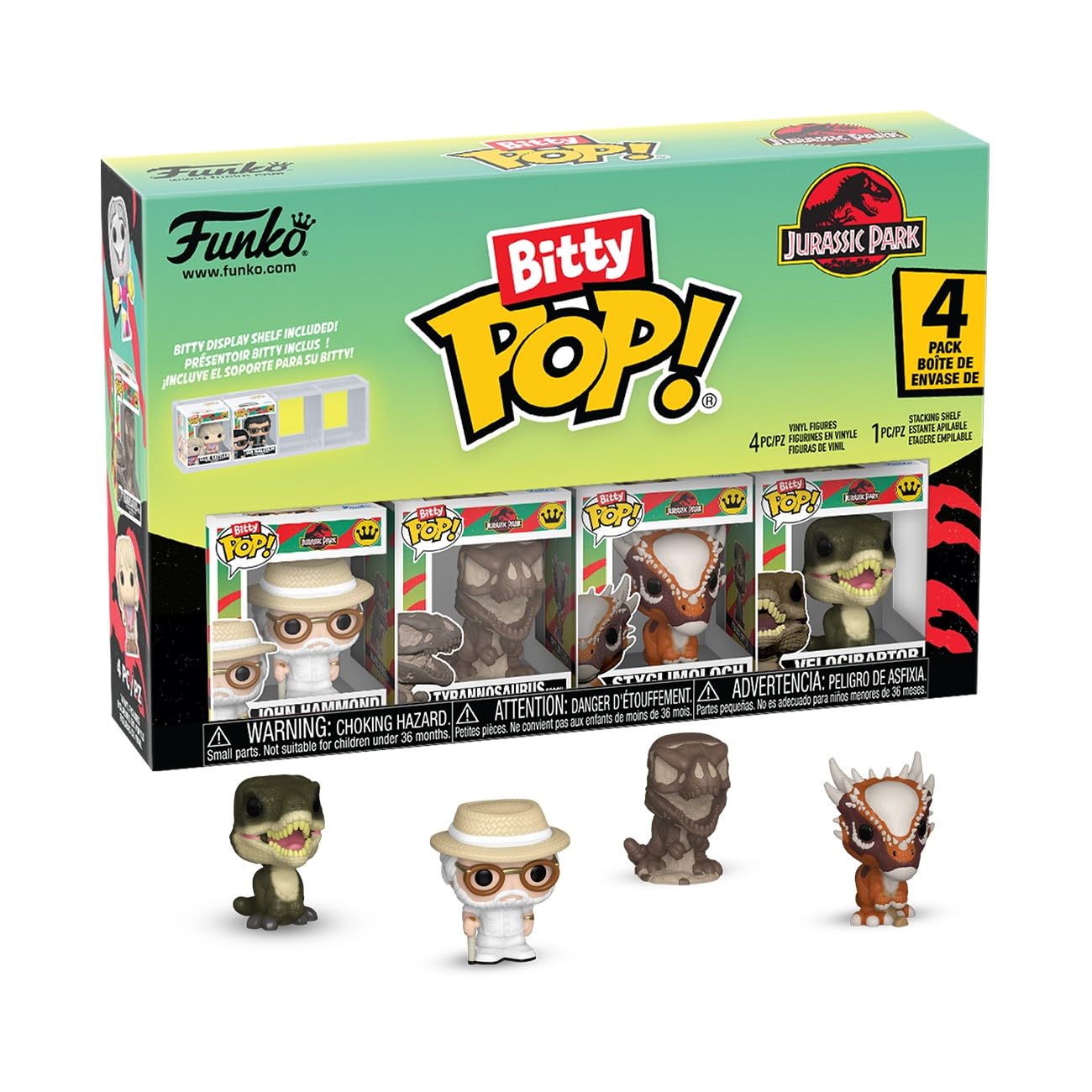 Funko Bitty POP! 4 Pack: Jurassic Park - John Hammond, Tyrannosaurus (Fossil), Stygimoloch, Velociraptor - 1 in 6 Chance of Receiving the Rare Chase Variant - Styles May Vary - 0,9 Zoll (2,2 cm