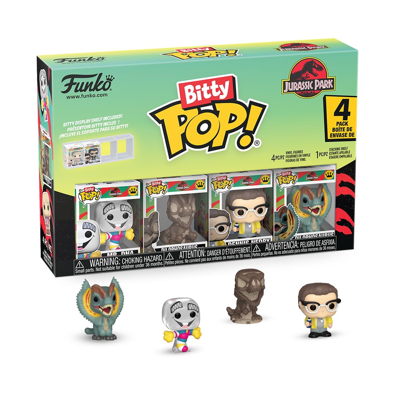 Funko Bitty POP! 4 Pack: Jurassic Park - Mr DNA, Dilophosaurus (Fossil), Dennis Nedry, Dilophosaurus - 1 in 6 Chance of Receiving the Rare Chase Variant - Styles May Vary - 0,9 Zoll (2,2 cm