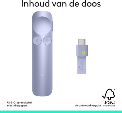 Logitech Spotlight 2 Presentation Remote, Wireless Presentation Clicker with Haptics, Digital Highlighting, Customisable Actions, Laser Pointer, Quick Charge, Bluetooth, and USB-C - Light Lilac