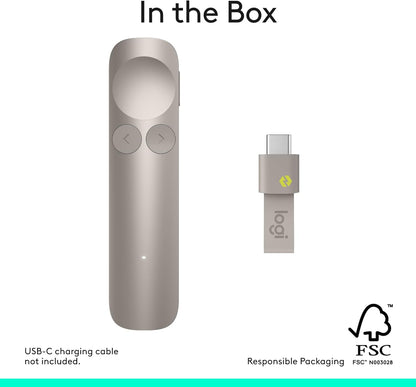 Logitech Spotlight 2 Presentation Remote, Wireless Presentation Clicker with Haptics, Digital Highlighting, Customisable Actions, Laser Pointer, Quick Charge, Bluetooth, and USB-C - Sand