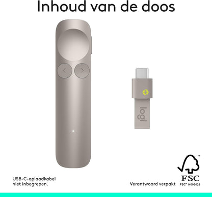 Logitech Spotlight 2 Presentation Remote, Wireless Presentation Clicker with Haptics, Digital Highlighting, Customisable Actions, Laser Pointer, Quick Charge, Bluetooth, and USB-C - Sand
