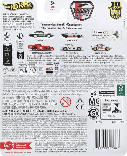 Hot Wheels Ferrari 250 GTO Veicolo della cultura automobilistica, modellino die-cast in scala 1:64 di alta qualità con pneumatici Real Riders e carrozzeria e telaio in metallo/metallo, JKF25