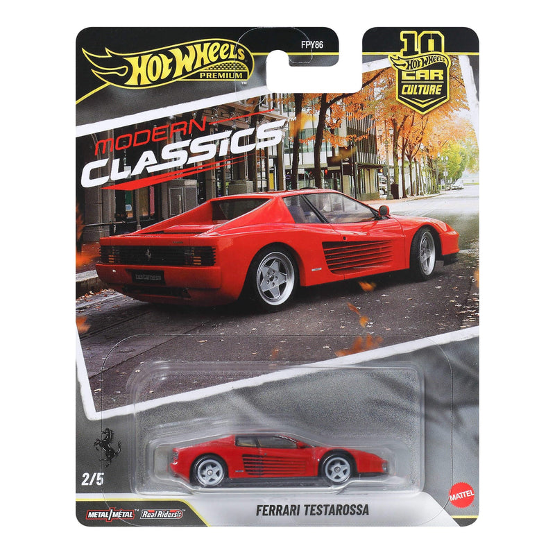 Hot Wheels Premium Car Culture - Testarossa, modellino da collezione in scala 1:64 con telaio in metallo e pneumatici Real Riders, decorazioni premium e dettagli realistici, 3+ anni, JKF00