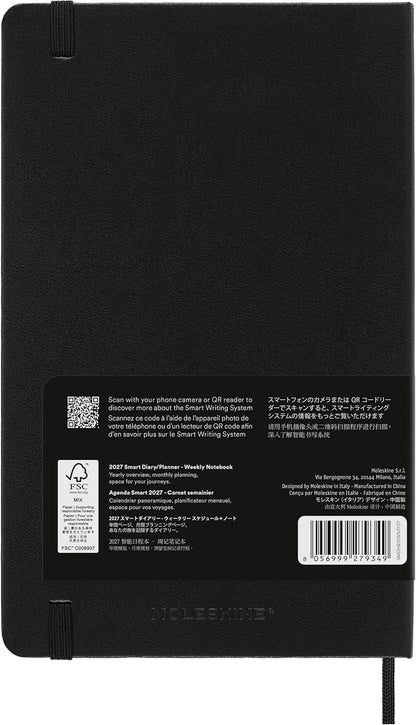 Moleskine Weekly Digital Planner 2027, Hard Cover 12 Month Smart Planner with Elastic Closure, Large 13x21 Cm, Black