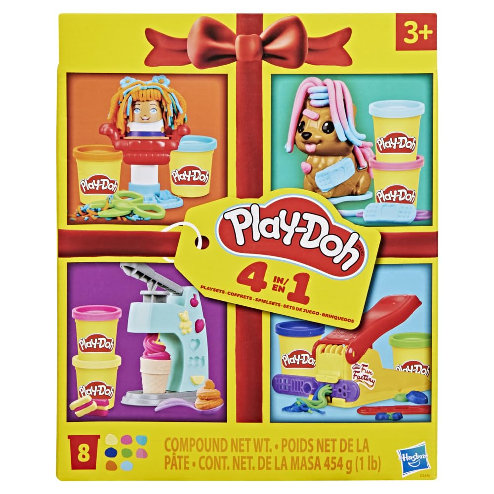 Play-Doh 4 Mini Classic Set: Parrucchiere, Veterinario, Gelateria e Fabbrica del divertimento; Gioco creativo; Classico; Et? 3+