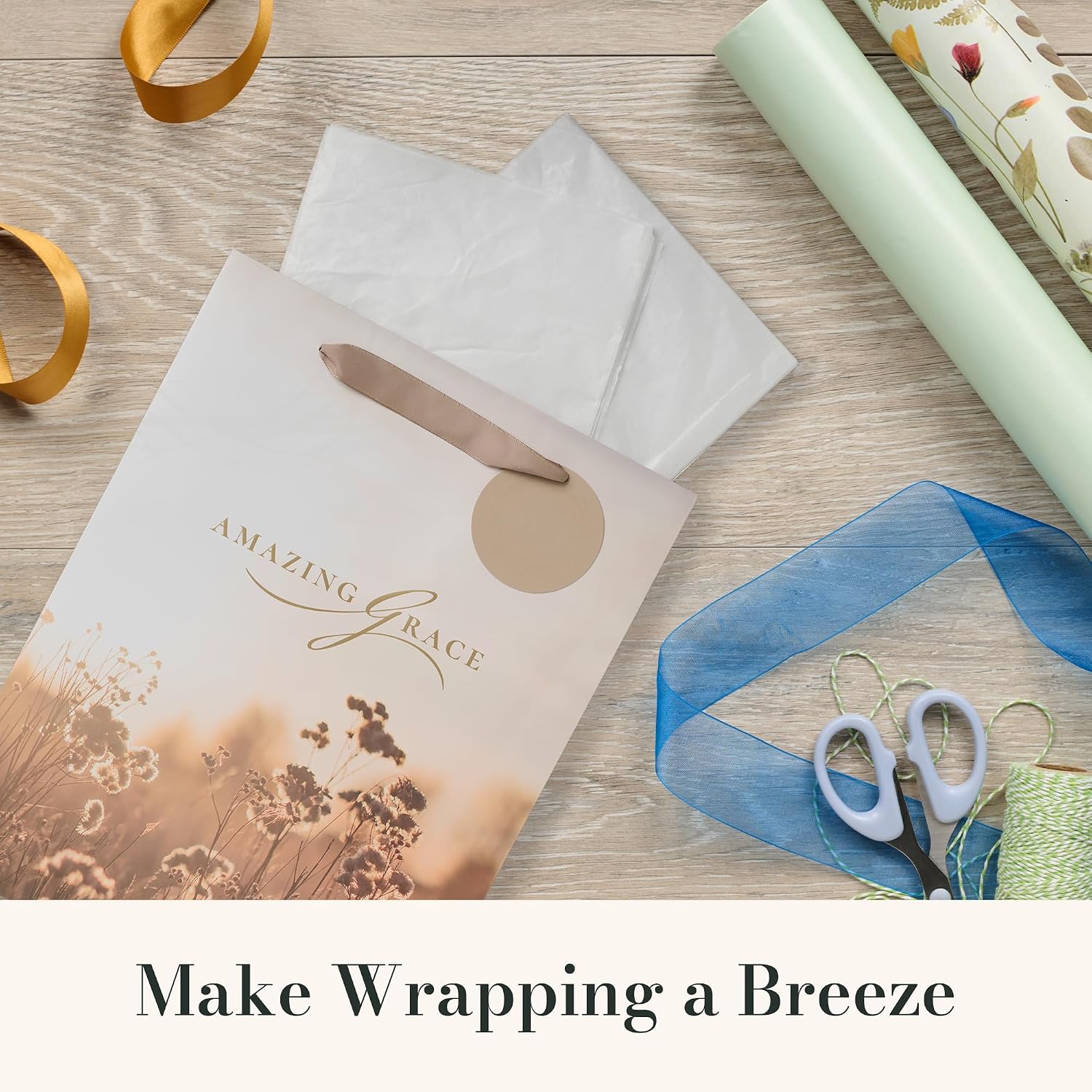 Christian Art Gifts Large Portrait Inspirational Gift Bag, Tag & Wrapping Tissue Paper Set for Women: Amazing Grace Encouraging Message, Satin Handles, Taupe
