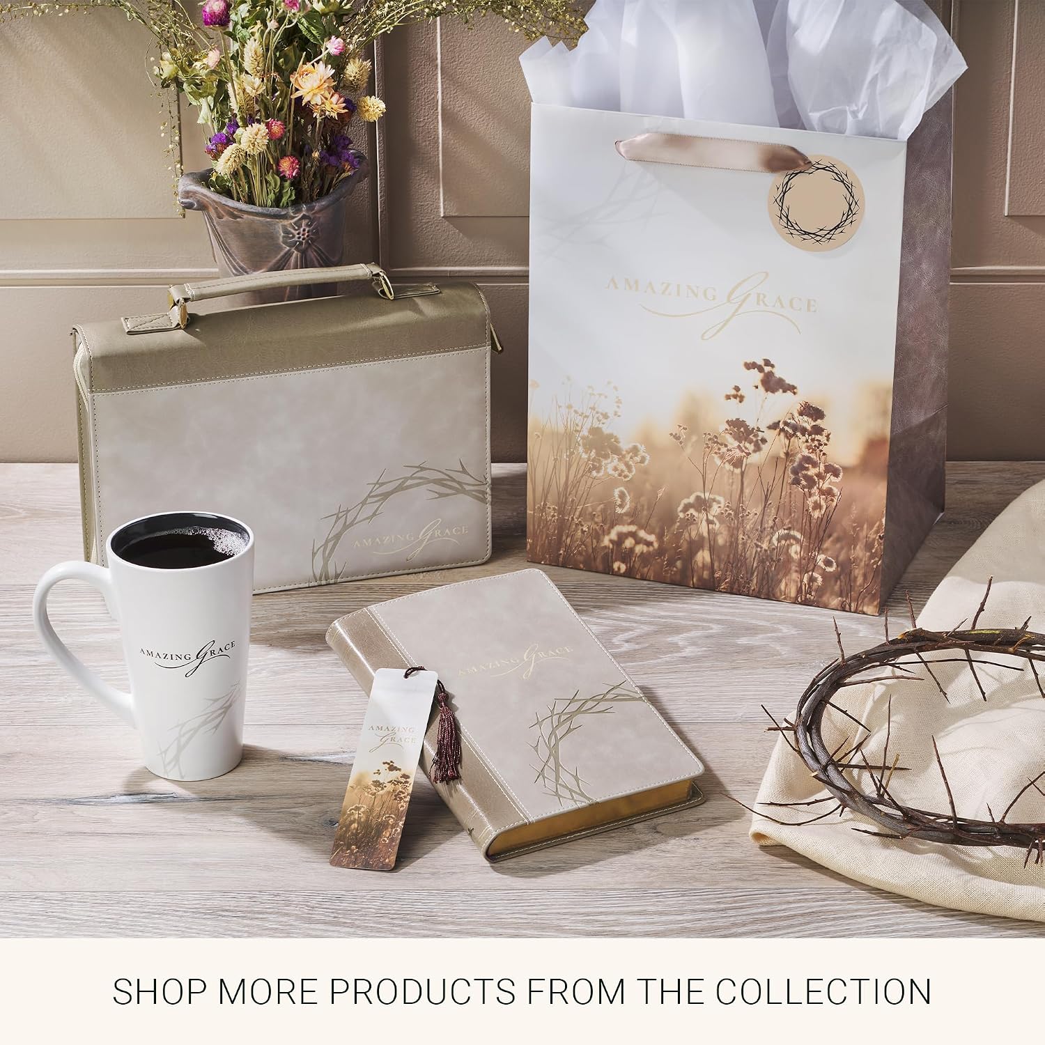 Christian Art Gifts Large Portrait Inspirational Gift Bag, Tag & Wrapping Tissue Paper Set for Women: Amazing Grace Encouraging Message, Satin Handles, Taupe