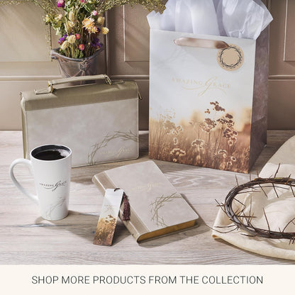 Christian Art Gifts Large Portrait Inspirational Gift Bag, Tag & Wrapping Tissue Paper Set for Women: Amazing Grace Encouraging Message, Satin Handles, Taupe