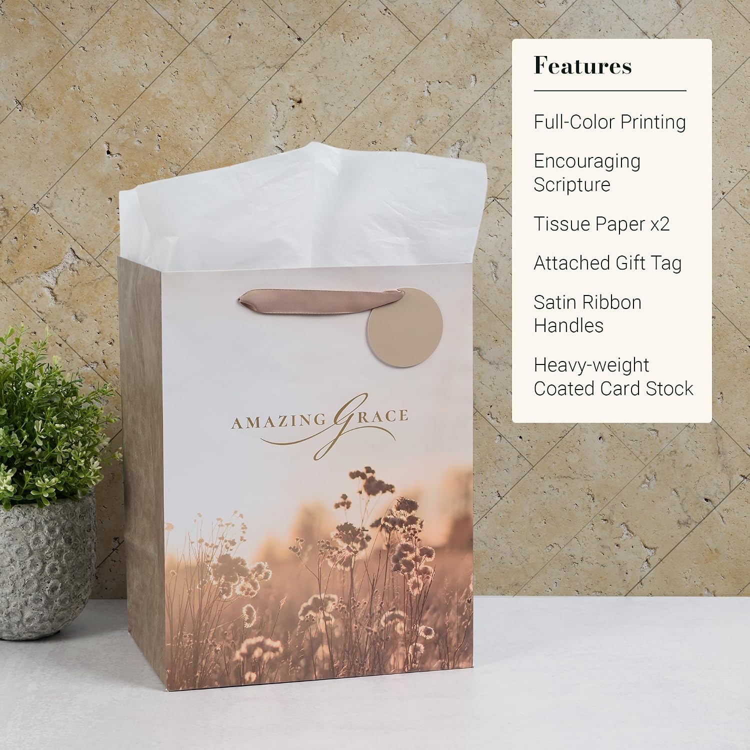 Christian Art Gifts Large Portrait Inspirational Gift Bag, Tag & Wrapping Tissue Paper Set for Women: Amazing Grace Encouraging Message, Satin Handles, Taupe