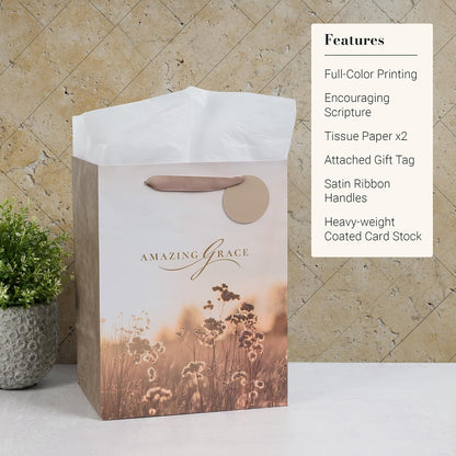 Christian Art Gifts Large Portrait Inspirational Gift Bag, Tag & Wrapping Tissue Paper Set for Women: Amazing Grace Encouraging Message, Satin Handles, Taupe