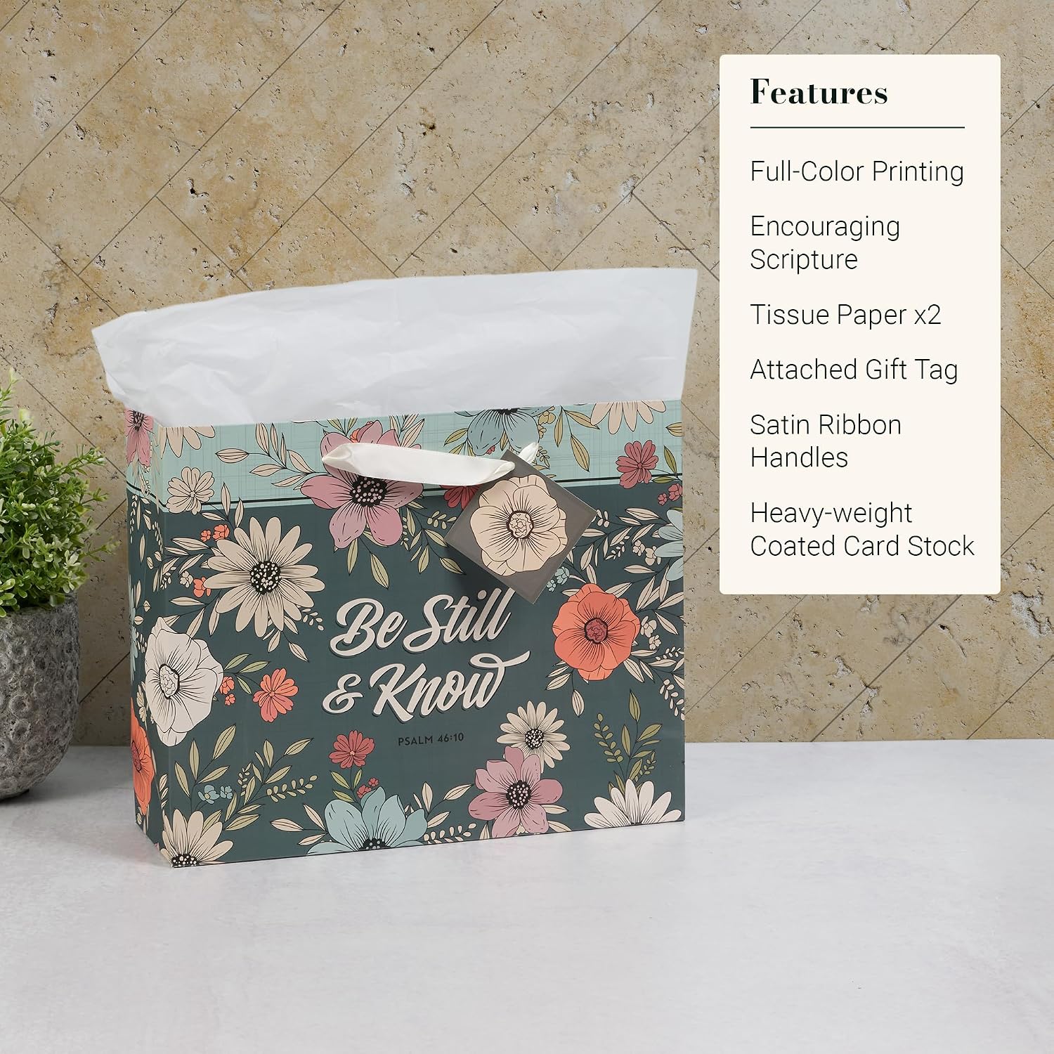 Christian Art Gifts Large Landscape Inspirational Scripture Gift Bag, Tag & Wrapping Tissue Paper Set for Women: Be Still Encouraging Bible Verse, Satin Handles, Teal