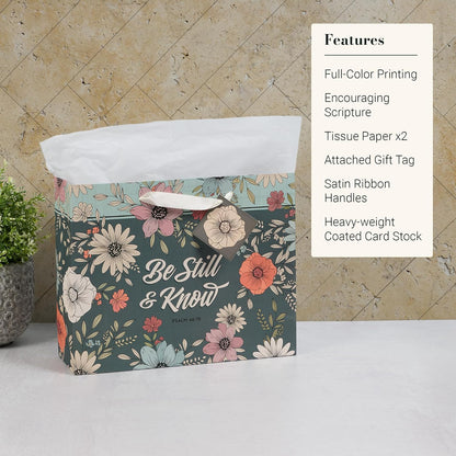 Christian Art Gifts Large Landscape Inspirational Scripture Gift Bag, Tag & Wrapping Tissue Paper Set for Women: Be Still Encouraging Bible Verse, Satin Handles, Teal