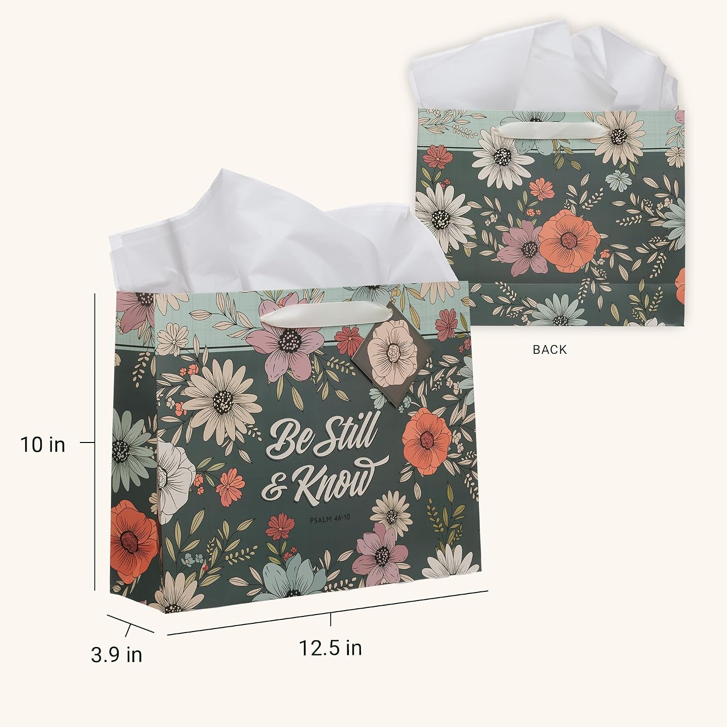 Christian Art Gifts Large Landscape Inspirational Scripture Gift Bag, Tag & Wrapping Tissue Paper Set for Women: Be Still Encouraging Bible Verse, Satin Handles, Teal