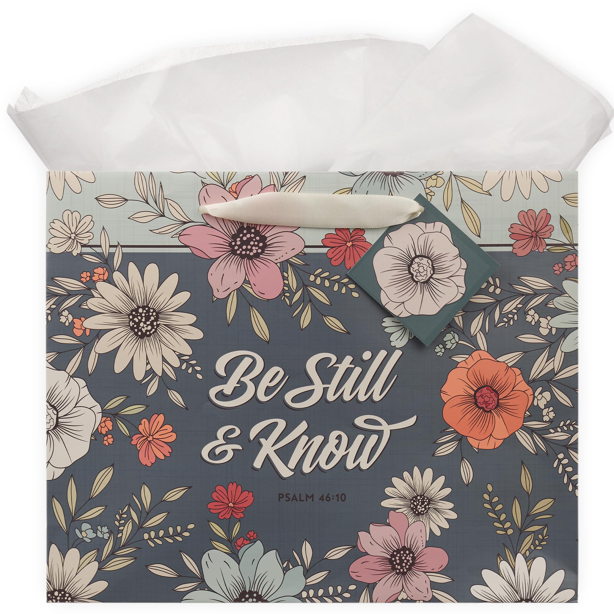 Christian Art Gifts Large Landscape Inspirational Scripture Gift Bag, Tag & Wrapping Tissue Paper Set for Women: Be Still Encouraging Bible Verse, Satin Handles, Teal