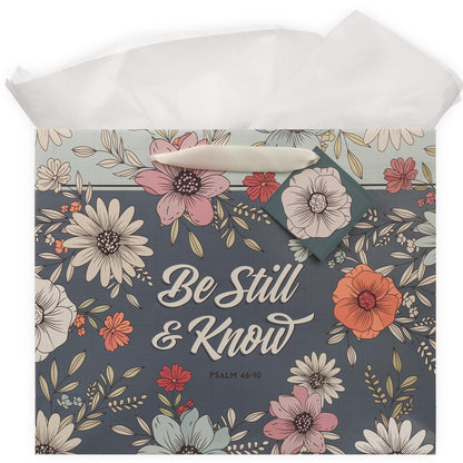 Christian Art Gifts Large Landscape Inspirational Scripture Gift Bag, Tag & Wrapping Tissue Paper Set for Women: Be Still Encouraging Bible Verse, Satin Handles, Teal