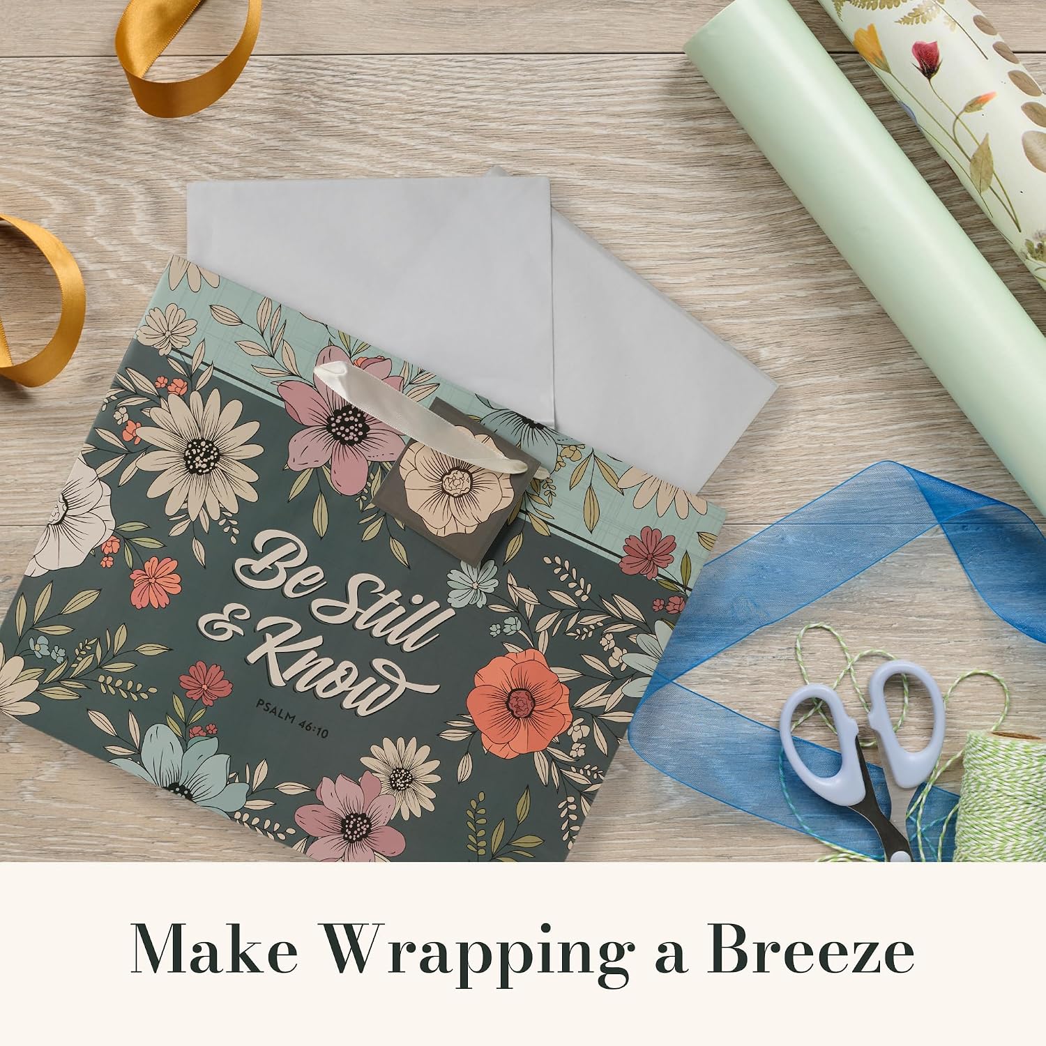 Christian Art Gifts Large Landscape Inspirational Scripture Gift Bag, Tag & Wrapping Tissue Paper Set for Women: Be Still Encouraging Bible Verse, Satin Handles, Teal