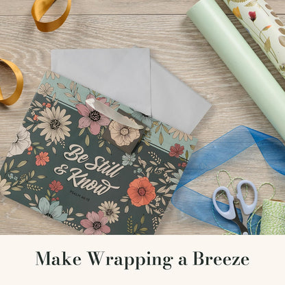 Christian Art Gifts Large Landscape Inspirational Scripture Gift Bag, Tag & Wrapping Tissue Paper Set for Women: Be Still Encouraging Bible Verse, Satin Handles, Teal