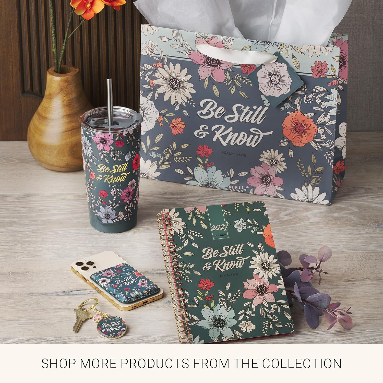 Christian Art Gifts Large Landscape Inspirational Scripture Gift Bag, Tag & Wrapping Tissue Paper Set for Women: Be Still Encouraging Bible Verse, Satin Handles, Teal