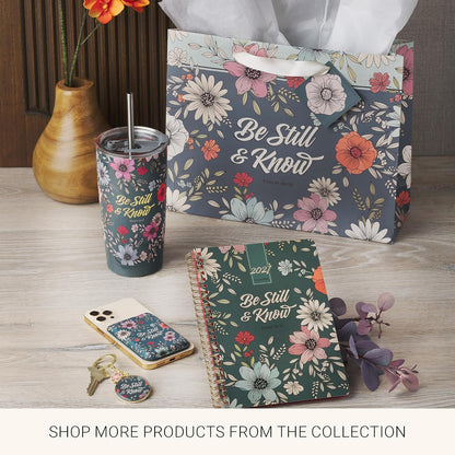 Christian Art Gifts Large Landscape Inspirational Scripture Gift Bag, Tag & Wrapping Tissue Paper Set for Women: Be Still Encouraging Bible Verse, Satin Handles, Teal