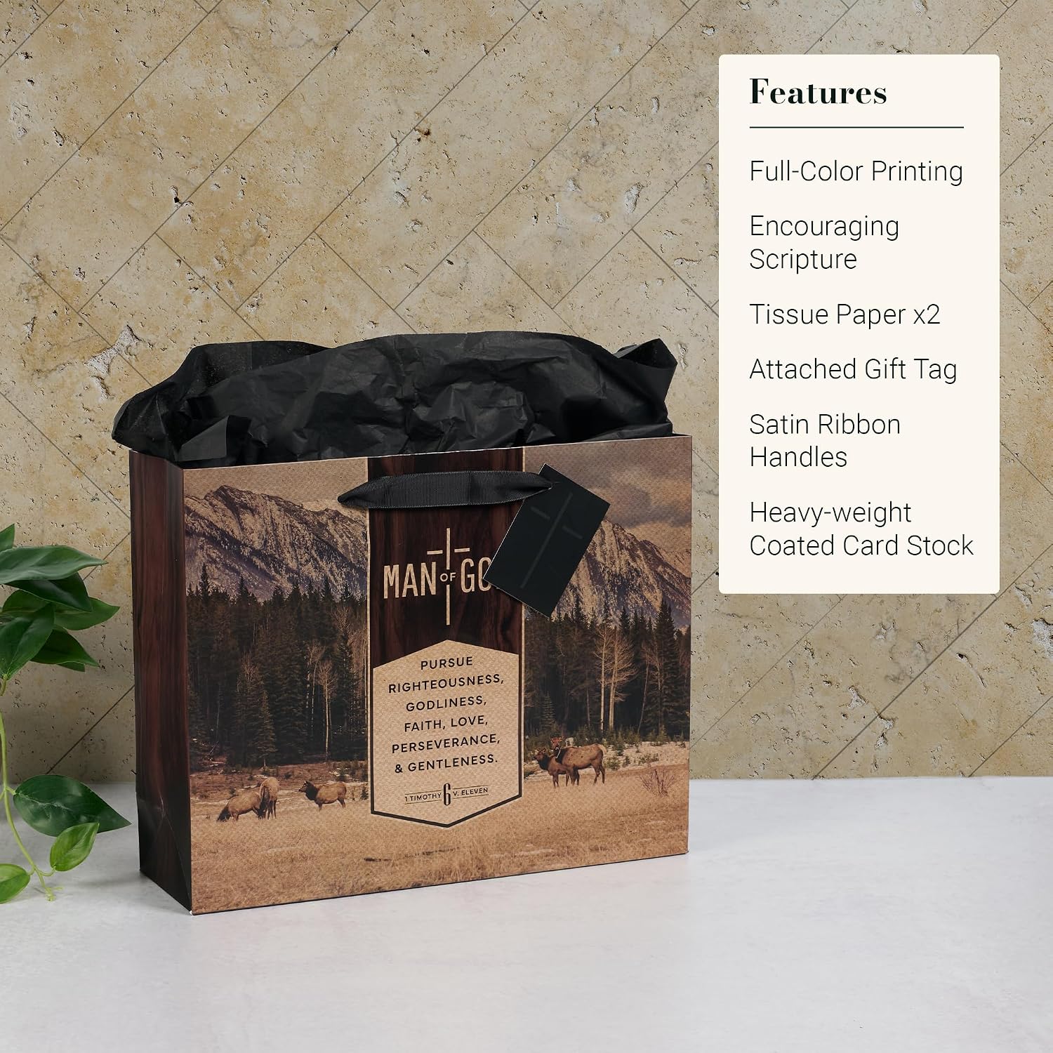 Christian Art Gifts Large Landscape Inspirational Scripture Gift Bag, Tag & Wrapping Tissue Paper Set for Men: Man of God Encouraging Bible Verse, Satin Handles, Brown
