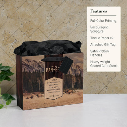 Christian Art Gifts Large Landscape Inspirational Scripture Gift Bag, Tag & Wrapping Tissue Paper Set for Men: Man of God Encouraging Bible Verse, Satin Handles, Brown