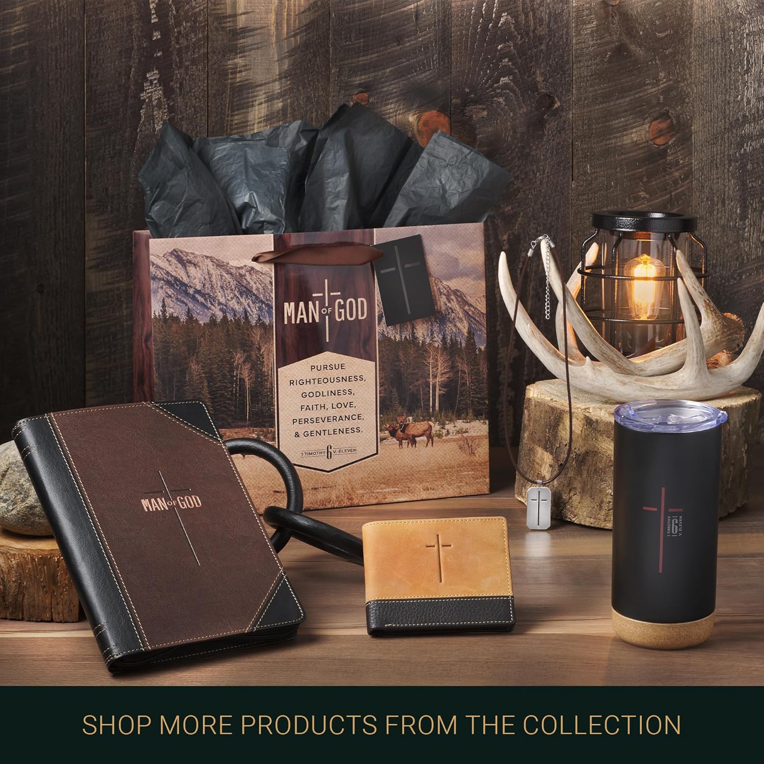 Christian Art Gifts Large Landscape Inspirational Scripture Gift Bag, Tag & Wrapping Tissue Paper Set for Men: Man of God Encouraging Bible Verse, Satin Handles, Brown
