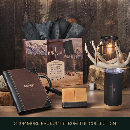 Christian Art Gifts Large Landscape Inspirational Scripture Gift Bag, Tag & Wrapping Tissue Paper Set for Men: Man of God Encouraging Bible Verse, Satin Handles, Brown