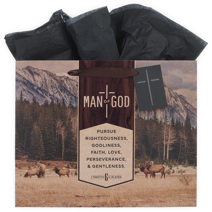 Christian Art Gifts Large Landscape Inspirational Scripture Gift Bag, Tag & Wrapping Tissue Paper Set for Men: Man of God Encouraging Bible Verse, Satin Handles, Brown